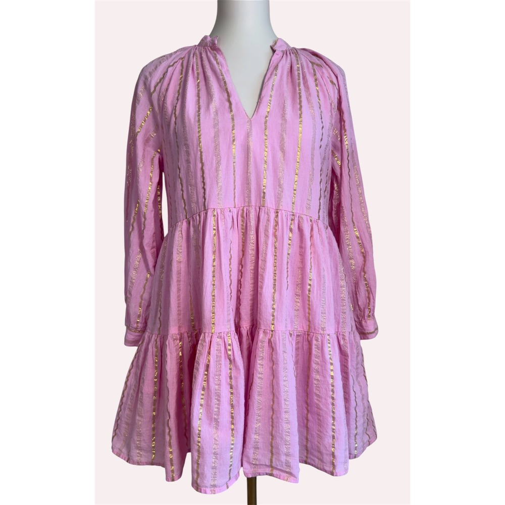 Area Stars Pink Gold Metallic Striped Tiered Cotton Mini Dress Womens Small - Picture 6 of 13